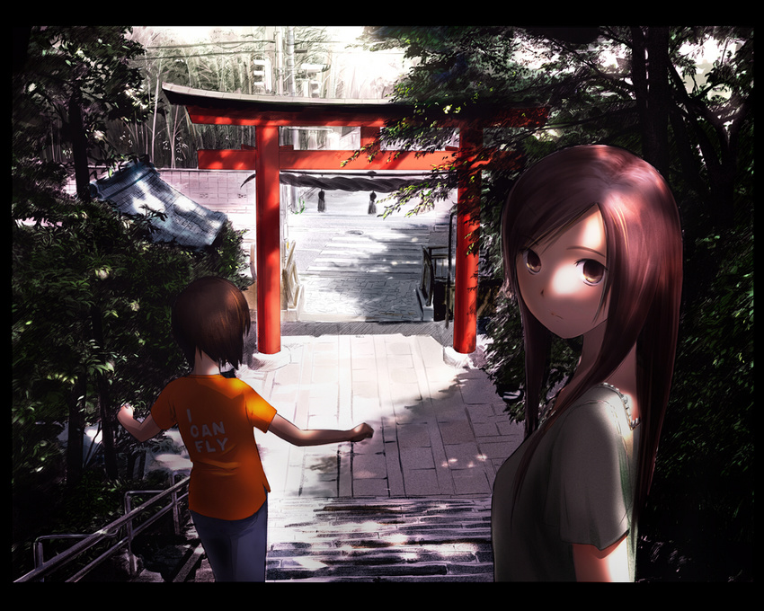 brown_eyes brown_hair hosimo letterboxed looking_back multiple_girls original power_lines real_world_location road rope scenery shade shimenawa stairs street telephone_pole torii traffic_light tree tree_shade