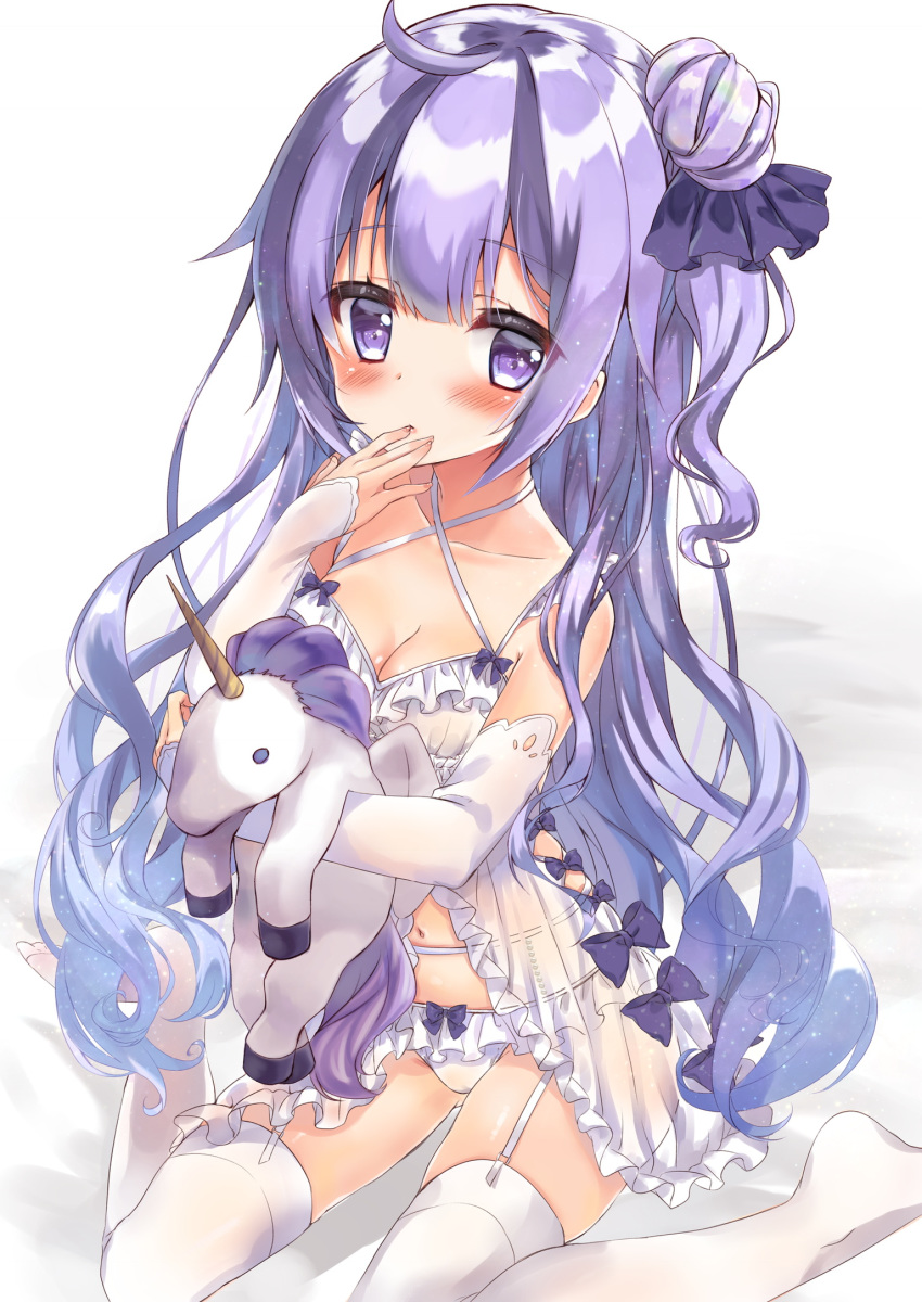 1girl azur_lane babydoll bangs bare_shoulders black_bow black_ribbon blush bow bow_panties breasts cleavage closed_mouth collarbone commentary_request criss-cross_halter detached_sleeves eyebrows_visible_through_hair fingernails garter_belt garter_straps hair_between_eyes hair_bun hair_ribbon halterneck hand_on_own_face hand_to_own_mouth highres honoka_chiffon lingerie long_hair long_sleeves looking_at_viewer medium_breasts navel no_shoes object_hug one_side_up panties purple_eyes purple_hair ribbon see-through shirt side_bun sitting sleeves_past_wrists solo star star_in_eye stuffed_alicorn stuffed_animal stuffed_toy symbol_in_eye thighhighs underwear unicorn_(azur_lane) very_long_hair wariza white_legwear white_panties white_sleeves