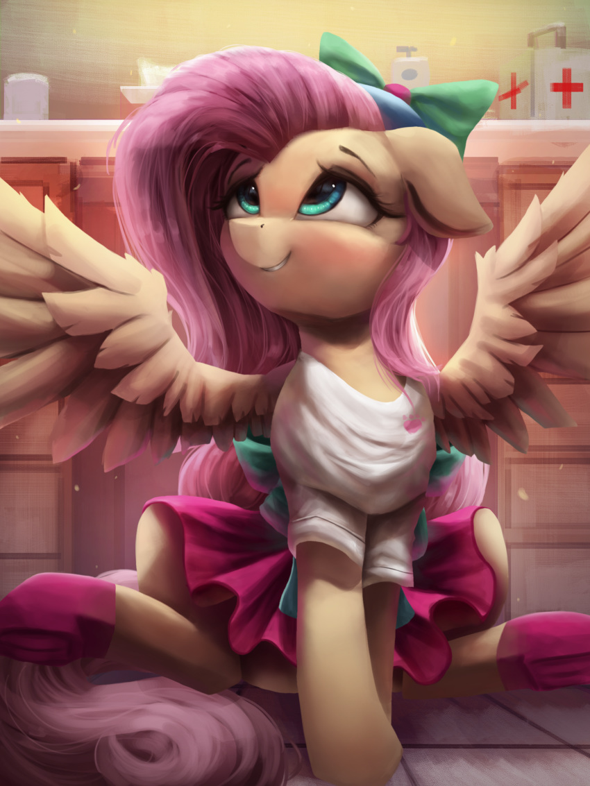 2018 absurd_res childrens_cartoon clothing equine feathered_wings feathers female feral fluttershy_(mlp) friendship_is_magic hair hi_res inside long_hair mammal my_little_pony pegasus smile solo spread_wings vanillaghosties wings