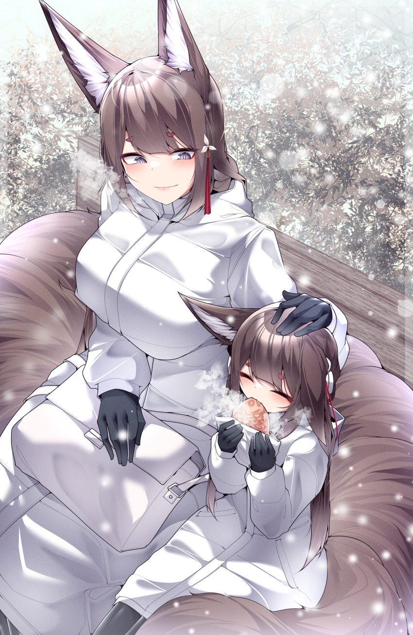 2girls absurdres age_difference aged_down amagi-chan_(azur_lane) amagi_(azur_lane) animal_ears azur_lane bag bench black_gloves breasts brown_hair closed_eyes closed_mouth dated_commentary dress eating food fox_ears fox_girl fox_tail gloves hair_ornament handbag highres holding holding_food large_breasts long_hair looking_at_another multiple_girls park_bench petting purple_eyes samip sitting smile tail taiyaki wagashi white_dress