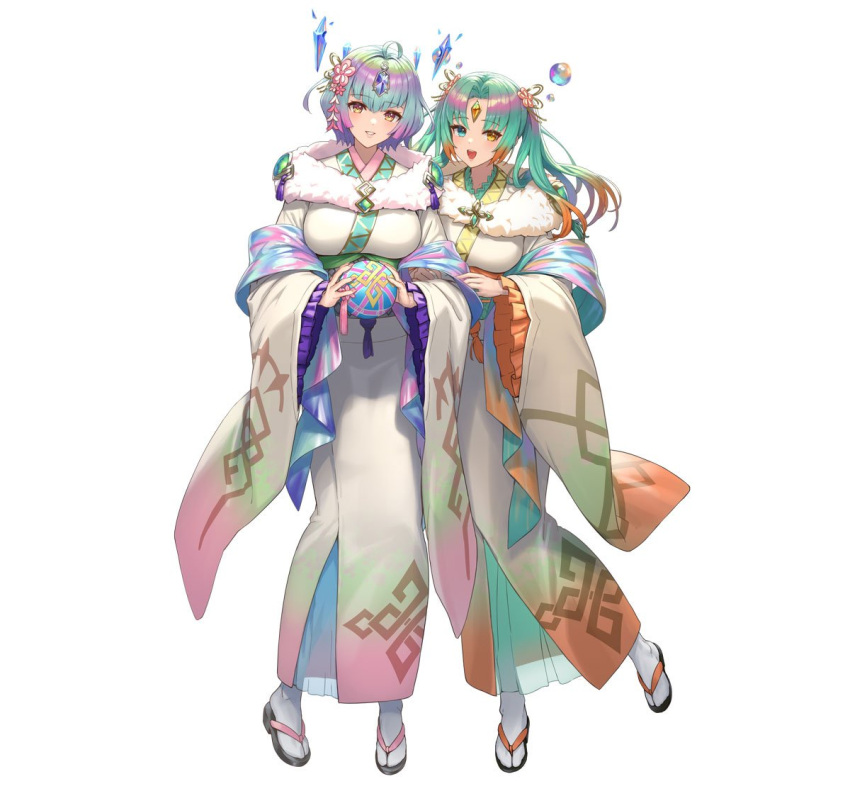 2girls ahoge aqua_eyes ball breasts bubble crystal cuboon fire_emblem fire_emblem_heroes forehead_jewel full_body heidr_(fire_emblem) holding holding_ball japanese_clothes jewelry kimono large_breasts multicolored_hair multiple_girls obi official_alternate_costume official_art open_mouth parted_lips purple_hair sandals sash second-party_source seidr_(fire_emblem) seidr_(new_year)_(fire_emblem) short_hair smile solo tabi teeth white_background yellow_eyes