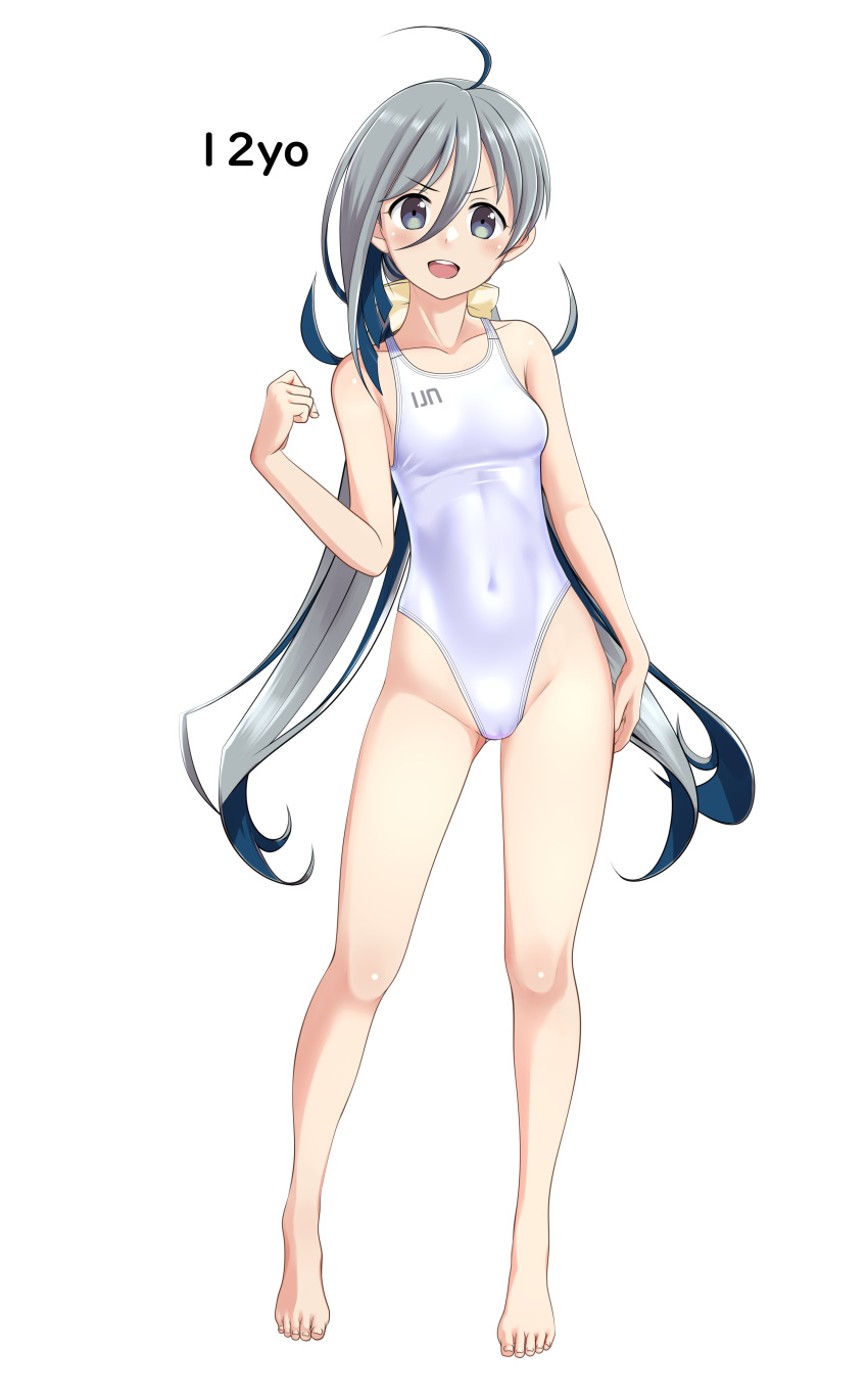 1girl absurdres ahoge bare_shoulders barefoot breasts clothes_writing collarbone commentary_request competition_swimsuit covered_navel full_body grey_eyes grey_hair hair_between_eyes highres kantai_collection kiyoshimo_(kancolle) kiyoshimo_kai_ni_(kancolle) long_hair low_twintails one-piece_swimsuit open_mouth round_teeth simple_background small_breasts solo swimsuit takafumi teeth twintails upper_teeth_only variant_set very_long_hair white_background white_one-piece_swimsuit