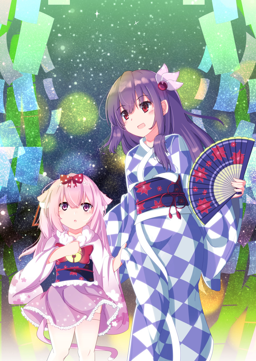 :d :o absurdres animal_ears azur_lane bell blush bow cat_ears cat_girl cat_tail checkered checkered_kimono commentary_request crossover fan fingernails folding_fan frilled_kimono frills fur_collar hair_bow hair_ornament hair_ribbon hands_up highres holding holding_fan japanese_clothes jingle_bell kantai_collection kimono kisaragi_(azur_lane) kisaragi_(kantai_collection) long_hair long_sleeves multiple_girls namesake nekoyanagi_(azelsynn) obi open_mouth parted_lips pink_hair pink_kimono print_bow purple_eyes purple_hair red_bow red_eyes red_ribbon ribbon sash short_kimono sidelocks smile star star_print tail tanabata very_long_hair wide_sleeves