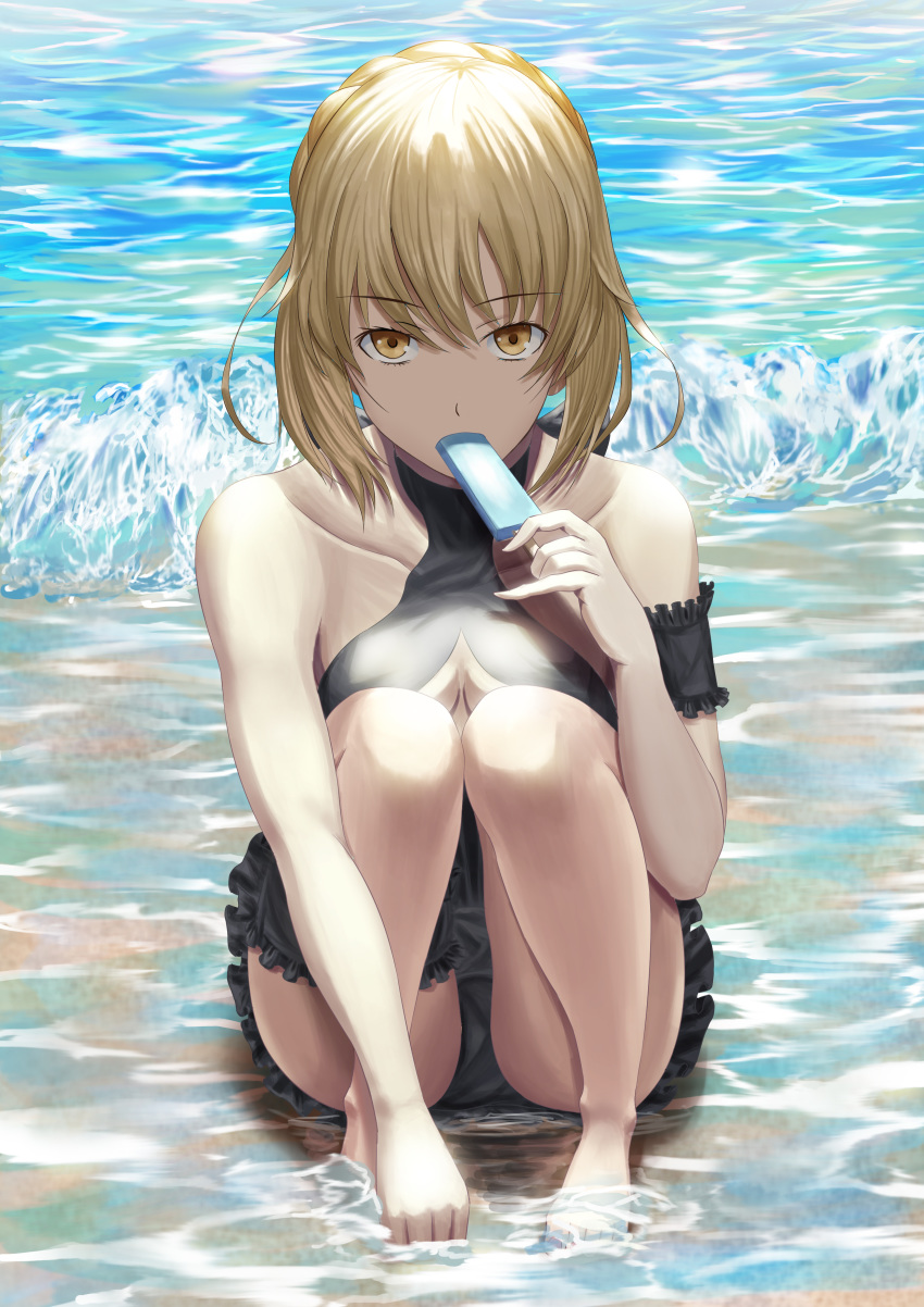 absurdres arm_strap artoria_pendragon_(all) artoria_pendragon_(swimsuit_rider_alter) barefoot black_swimsuit blonde_hair breasts casual_one-piece_swimsuit cleavage cleavage_cutout day eyebrows_visible_through_hair fate/grand_order fate_(series) food fujifuji924 full_body highres holding holding_food ice_cream looking_at_viewer one-piece_swimsuit outdoors sidelocks sitting small_breasts solo swimsuit thigh_strap yellow_eyes