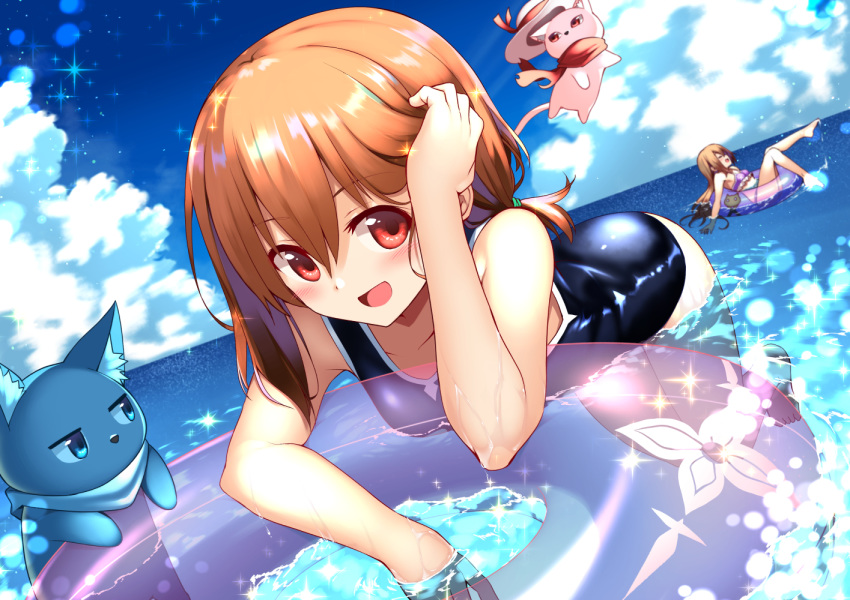 adjusting_hair bikini brown_eyes brown_hair cat closed_eyes cloud commentary_request day hat long_hair mahcdai multiple_girls muna_dinail ocean one-piece_swimsuit open_mouth original partially_submerged ponytail rum_ialis scarf sky smile sun_hat swimsuit water