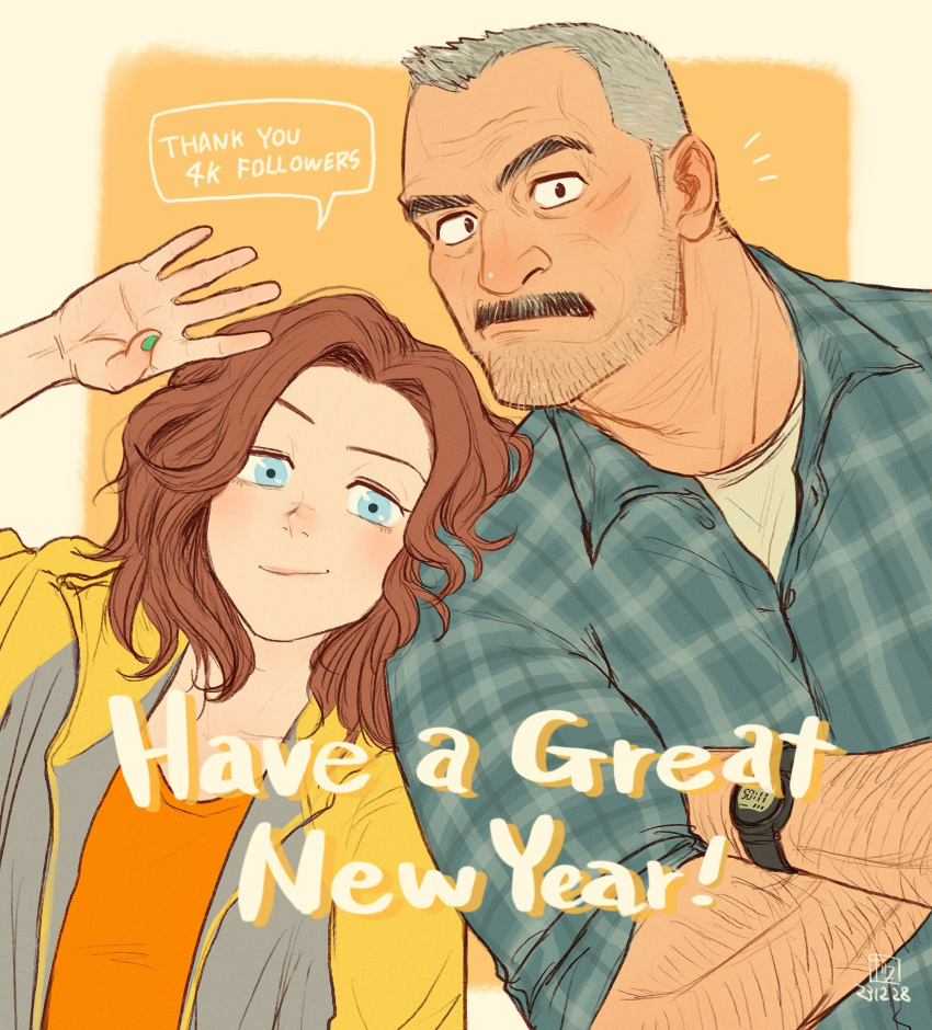 1boy 1girl aaron_gruber_(o_natsuo88) beard_stubble blue_eyes crossed_arms english_text facial_hair green_nails grey_hair happy_new_year head_on_another's_shoulder highres looking_at_viewer madison_(o_natsuo88) mature_male medium_hair mustache nail_polish notice_lines o_natsuo88 old old_man original receding_hairline red_hair scar scar_on_cheek scar_on_face shirt short_hair side-by-side simple_background smile speech_bubble thick_eyebrows thick_mustache upper_body watch waving wavy_hair wrinkled_skin wristwatch yellow_background