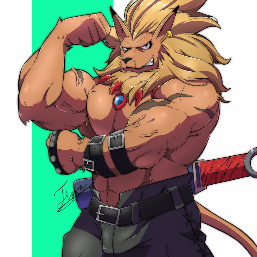 anthro belt blue_eyes clothed clothing digimon ear_piercing feline kemono leomon lion male mammal muscular muscular_male pants pecs penis piercing solo tiggon_the_great topless