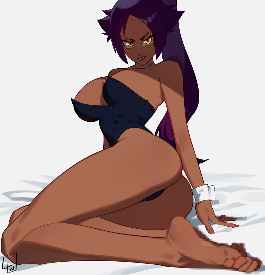 1girl absurdres alternate_costume areola_slip arm_support bare_shoulders barefoot bed_sheet black_leotard bleach breasts censored_feet dark-skinned_female dark_skin eyelashes feet forehead foreshortening full_body grey_background highleg highleg_leotard highres l4wless large_breasts legs leotard lips long_hair long_sleeves looking_at_viewer parted_bangs parted_lips playboy_bunny ponytail purple_hair shadow shihouin_yoruichi sidelocks signature strapless strapless_leotard toes undersized_breast_cup v-shaped_eyebrows wrist_cuffs yellow_eyes