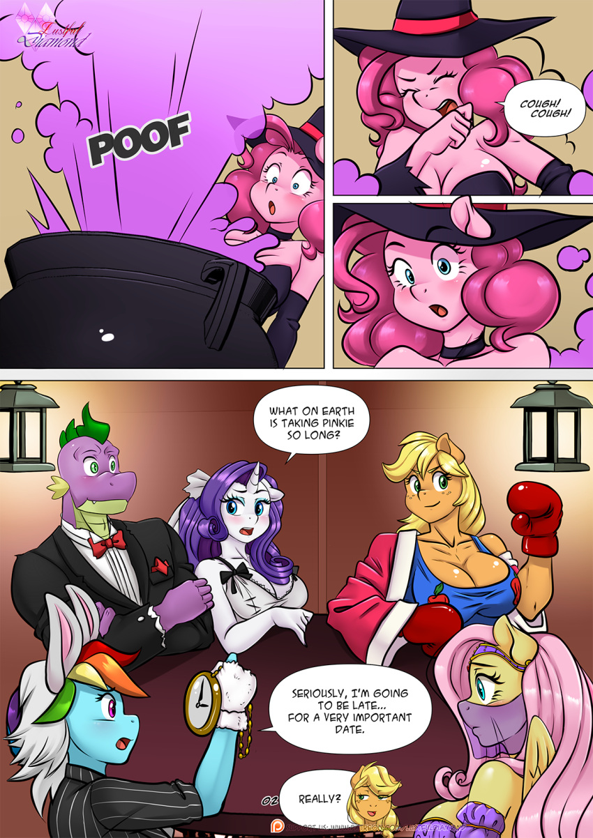 anthro applejack_(mlp) big_breasts black_tie_(suit) breasts clock clothing comic dialogue dragon equid equine female fluttershy_(mlp) freckles friendship_is_magic group hasbro hi_res horn male mammal my_little_pony pegasus pia-sama pinkie_pie_(mlp) pocketwatch rainbow_dash_(mlp) rarity_(mlp) spike_(mlp) suit unicorn watch wings