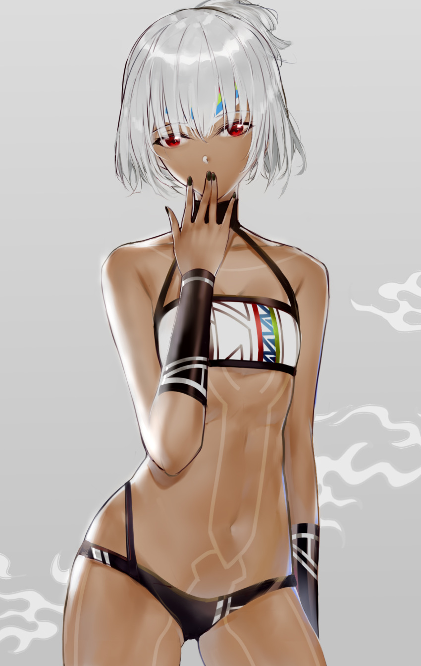 altera_(fate) bandeau bangs bare_shoulders black_nails black_panties bracer breasts cleavage collarbone contrapposto covering_mouth dark_skin expressionless eyebrows_visible_through_hair fate/extella fate/extra fate_(series) full_body_tattoo grey_background grey_hair half-closed_eyes halter_top halterneck hand_up headband highres horz leg_tattoo legs_apart looking_at_viewer midriff nail_polish navel panties red_eyes shiny shiny_hair short_hair small_breasts solo standing stomach stomach_tattoo tattoo underwear white_bandeau