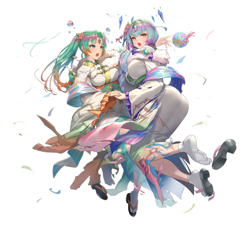 2girls aqua_eyes ass breasts bubble crystal damaged duplicate fire_emblem fire_emblem_heroes forehead_jewel green_eyes heidr_(fire_emblem) japanese_clothes kimono large_breasts multiple_girls official_alternate_costume official_art sandals seidr_(fire_emblem) tabi third-party_source torn_clothes white_background