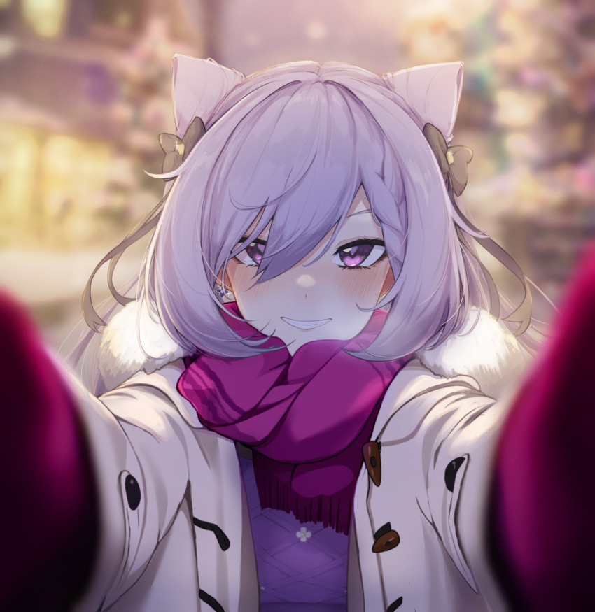 1girl blush bow coat cone_hair_bun double_bun fur-trimmed_scarf fur_trim genshin_impact hair_bow hair_bun highres keqing_(genshin_impact) keqing_(lantern_rite)_(genshin_impact) long_hair looking_at_viewer meme official_alternate_costume pov_cheek_warming_(meme) purple_eyes purple_hair purple_scarf purple_sweater reaching reaching_towards_viewer scarf smile sohugh2 solo sweater teeth twintails upper_body winter_clothes winter_coat winter_gloves