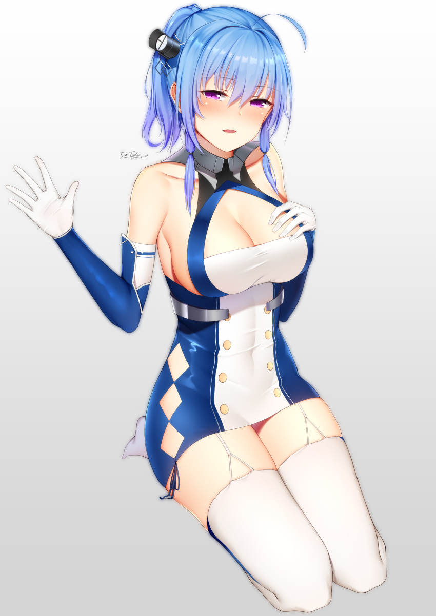 :d absurdres ahoge armpit_crease azur_lane bare_shoulders blue_hair blush breasts buttons chinese_commentary cleavage collarbone commentary_request covered_navel dated detached_sleeves diamond_(shape) dress eyebrows_visible_through_hair full_body garter_straps gloves gradient gradient_background hair_between_eyes hair_ornament hand_on_own_chest hands_up highres large_breasts long_hair looking_at_viewer open_mouth purple_eyes searchlight seiza shiny shiny_hair short_dress side_ponytail sideboob sidelocks signature simple_background sitting smile solo st._louis_(azur_lane) taitai taut_clothes taut_dress thighhighs white_gloves white_legwear zettai_ryouiki