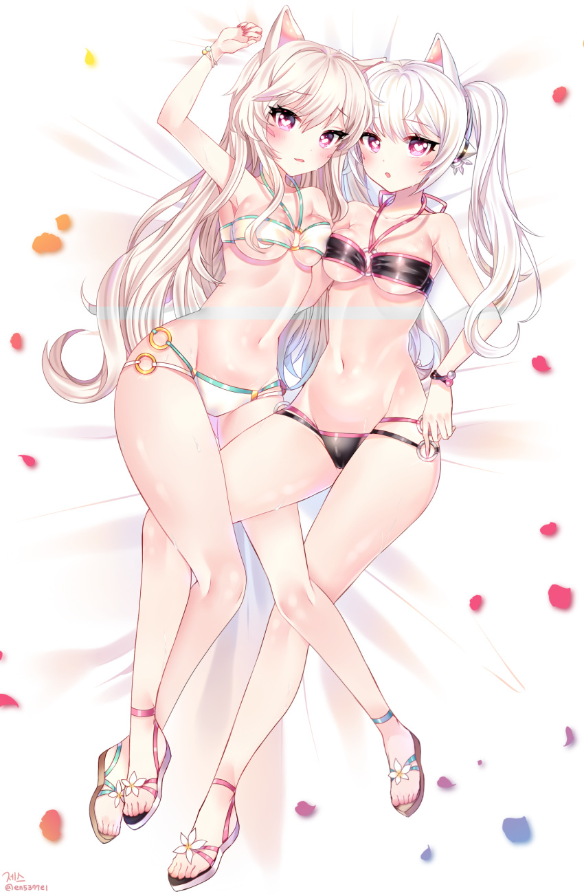 animal_ears arm_up armpits bed_sheet bikini black_bikini blush bracelet breasts cat_ears character_request cleavage collarbone elsword eve_(elsword) eyebrows_visible_through_hair from_above full_body groin hair_between_eyes heart heart-shaped_pupils highres jewelry leg_between_thighs long_hair looking_at_viewer lying medium_breasts multi-strapped_bikini multiple_girls navel o-ring o-ring_bikini on_back open_mouth petals pink_eyes silver_hair swimsuit symbol-shaped_pupils twintails underboob very_long_hair white_bikini xes_(xes_5377)