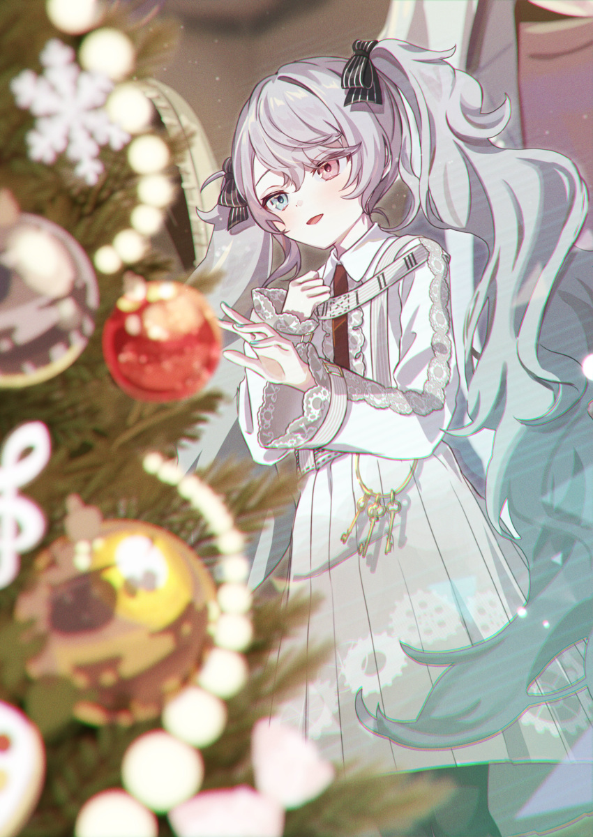 1girl 25-ji_miku absurdres black_bow black_leggings bow christmas christmas_lights christmas_ornaments christmas_tree commentary crossed_bangs frilled_sleeves frills green_eyes grey_hair hair_bow hatsune_miku highres leggings long_hair looking_at_object open_mouth pink_eyes pleated_skirt project_sekai reaching shirt sidelocks skirt smile snowflake_ornament solo striped striped_bow vertical-striped_bow vertical_stripes very_long_hair vocaloid vs0mr white_shirt white_skirt