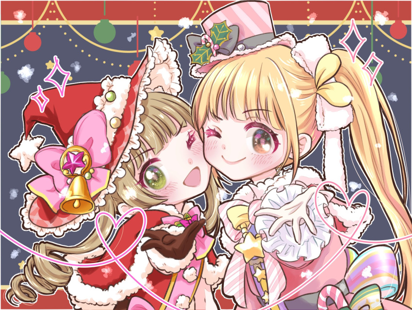 2girls bell black_gloves blonde_hair blush bow brown_eyes candy candy_cane capelet cheek-to-cheek christmas commentary decorations dress drill_hair food fur-trimmed_capelet fur_trim futaba_anzu gloves green_eyes hat hat_bow heads_together highres idolmaster idolmaster_cinderella_girls light_brown_hair long_hair multiple_girls naruse_an one_eye_closed open_mouth pink_dress red_capelet red_dress side_ponytail smile top_hat twin_drills upper_body witch_hat yokoyama_chika