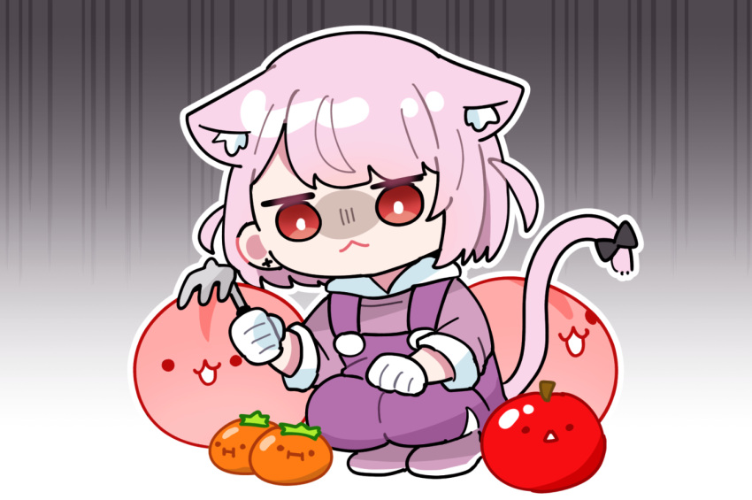 1girl :3 :i animal_ear_fluff animal_ears apple black_bow blunt_bangs boots bow cat_ears disappointed ear_piercing food fruit gloves indie_virtual_youtuber kneeling medium_hair mikeneko_(utaite) overalls peach persimmon piercing pink_hair rake red_eyes sad sakana_(saka11205) short_twintails smile suika_game triangle_mouth twintails white_gloves