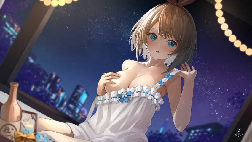 1girl absurdres aogiri_koukou blue_bow blue_eyes blurry blurry_background blush bottle bow breasts brown_hair cityscape cleavage collarbone covering_one_breast covering_privates dress dress_bow highres kkix25 kurikoma_komaru lights orange_bow parted_lips short_hair signature single_bare_shoulder sky solo star_(sky) starry_sky virtual_youtuber white_dress