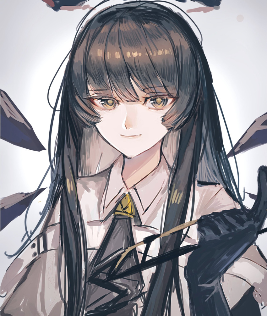 1girl arknights ascot black_ascot black_gloves black_hair bow_(music) broken_halo closed_mouth collared_jacket colored_inner_hair commentary dark_halo detached_wings elbow_gloves energy_wings eyeliner facing_viewer gloves grey_background grey_eyes grey_hair grey_halo grey_wings hakaimoufu halo hand_up hatching_(texture) highres holding holding_bow_(music) index_finger_raised jacket light_smile linear_hatching looking_afar looking_to_the_side makeup multicolored_hair pale_skin red_eyeliner shadow short_sleeved_jacket short_sleeves sidelocks simple_background sketch solo standing straight_hair strap two-tone_hair upper_body virtuosa_(arknights) white_jacket wing_collar wings yellow_pupils