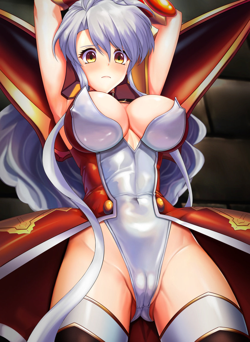 1girl absurdres armor armpits arms_up athletic_leotard black_thighhighs blush breasts brick_wall claret_(langrisser) closed_mouth covered_navel cowboy_shot dot_nose dungeon footbird groin highleg highleg_leotard highres indoors langrisser langrisser_v large_breasts legs_apart leotard long_hair looking_afar parted_bangs partially_visible_vulva pauldrons shiny_clothes shiny_skin shoulder_armor sidelocks solo standing thighhighs thighs wavy_hair white_hair white_leotard yellow_eyes