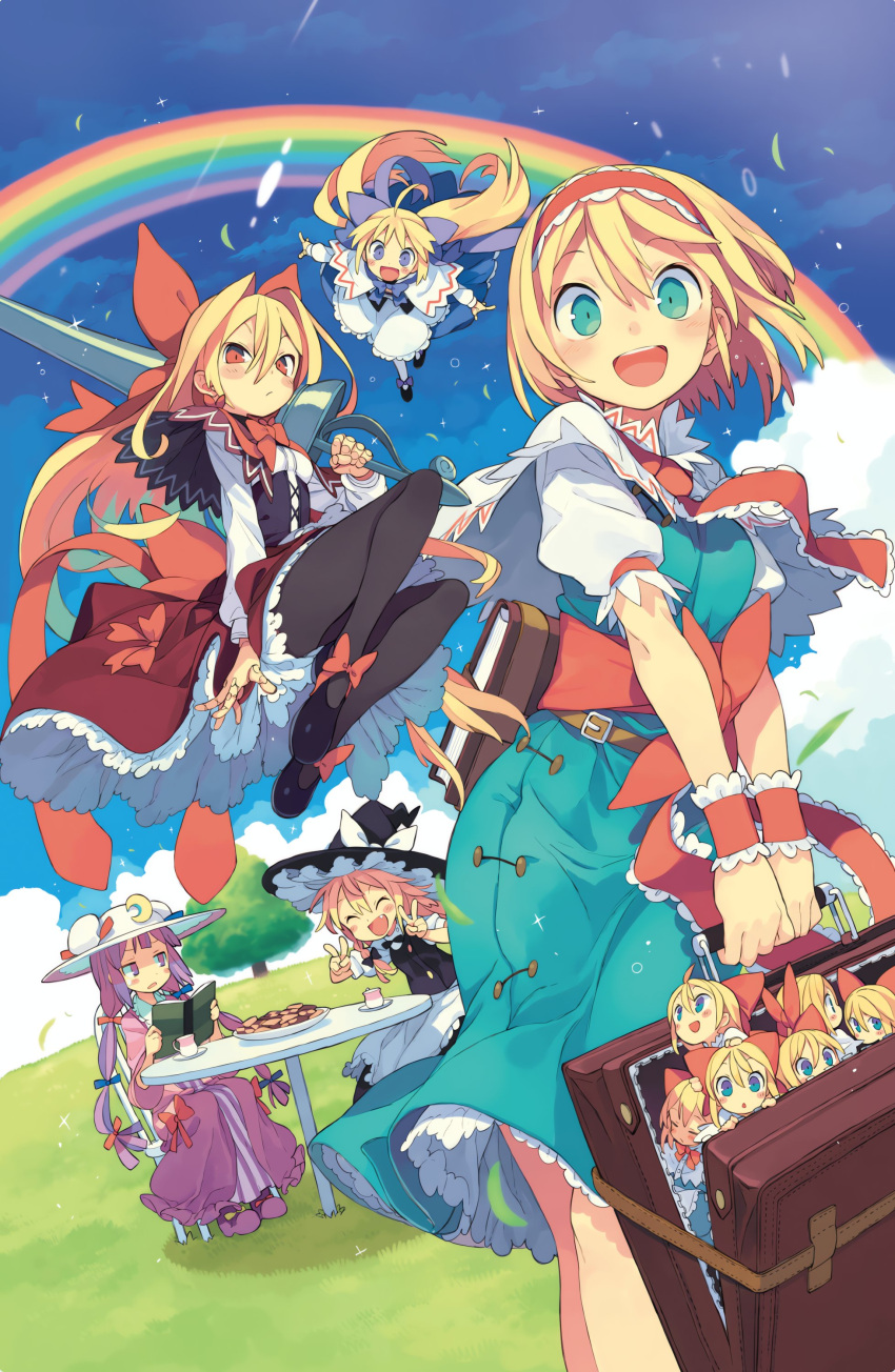 3girls absurdres alice_margatroid blonde_hair blue_dress blue_eyes blue_sky book capelet dress dutch_angle frilled_dress frilled_hairband frills hairband hat highres holding holding_book holding_weapon kirisame_marisa looking_at_viewer morino_hon multiple_girls open_mouth outdoors patchouli_knowledge puffy_short_sleeves puffy_sleeves purple_dress purple_hair rainbow red_hairband shanghai_doll short_sleeves sitting sky smile touhou weapon white_capelet witch_hat