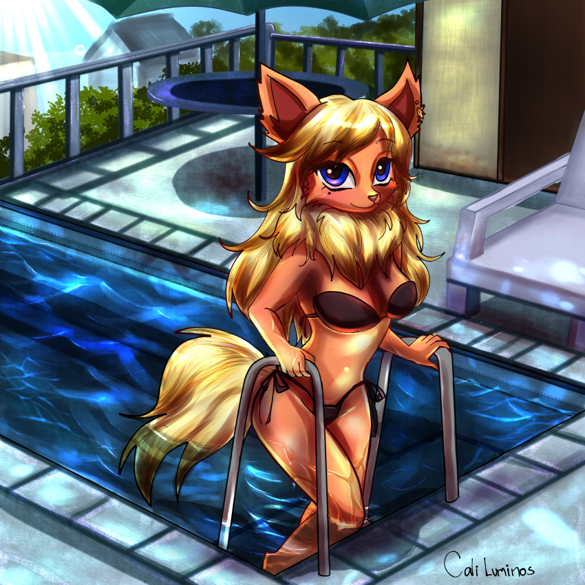 2019 anthro beauty_mark big_eyes bikini black_clothing black_swimwear blonde_hair blue_eyes brown_nose caliluminos chair chest_tuft clothing ear_piercing ear_ring eeveelution female flareon fluffy fluffy_tail fur furniture generation_1_pokemon hair hi_res koriand_wildfire light light_beam long_hair long_tail lounge_chair navel nintendo orange_body orange_fur outside picnic_table piercing pokemon pokemon_(species) pokemorph pool poolside ring_piercing rooftop signature solo sun sunbeam sunlight swimwear table tail thong topwear tuft underwear wet wet_body wet_fur