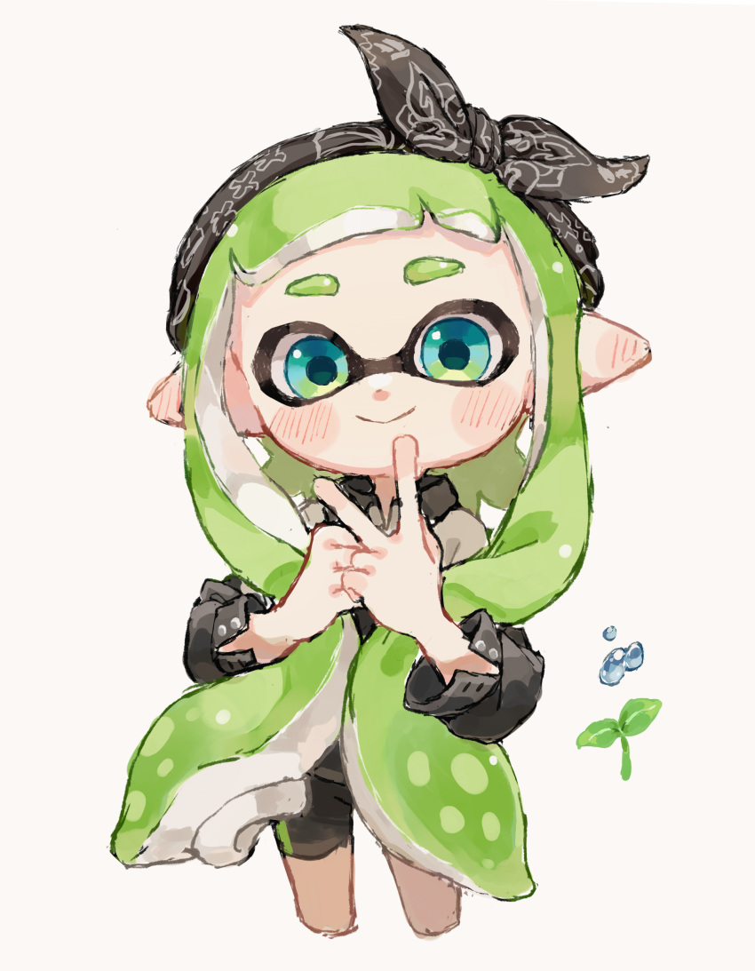 1girl absurdres aqua_eyes bike_shorts black_bow black_hairband bow closed_mouth commentary_request cowboy_shot dew_drop green_hair hairband highres inkling inkling_girl long_hair myon_rio pointy_ears simple_background smile solo splatoon_(series) sprout tentacle_hair v water water_drop white_background