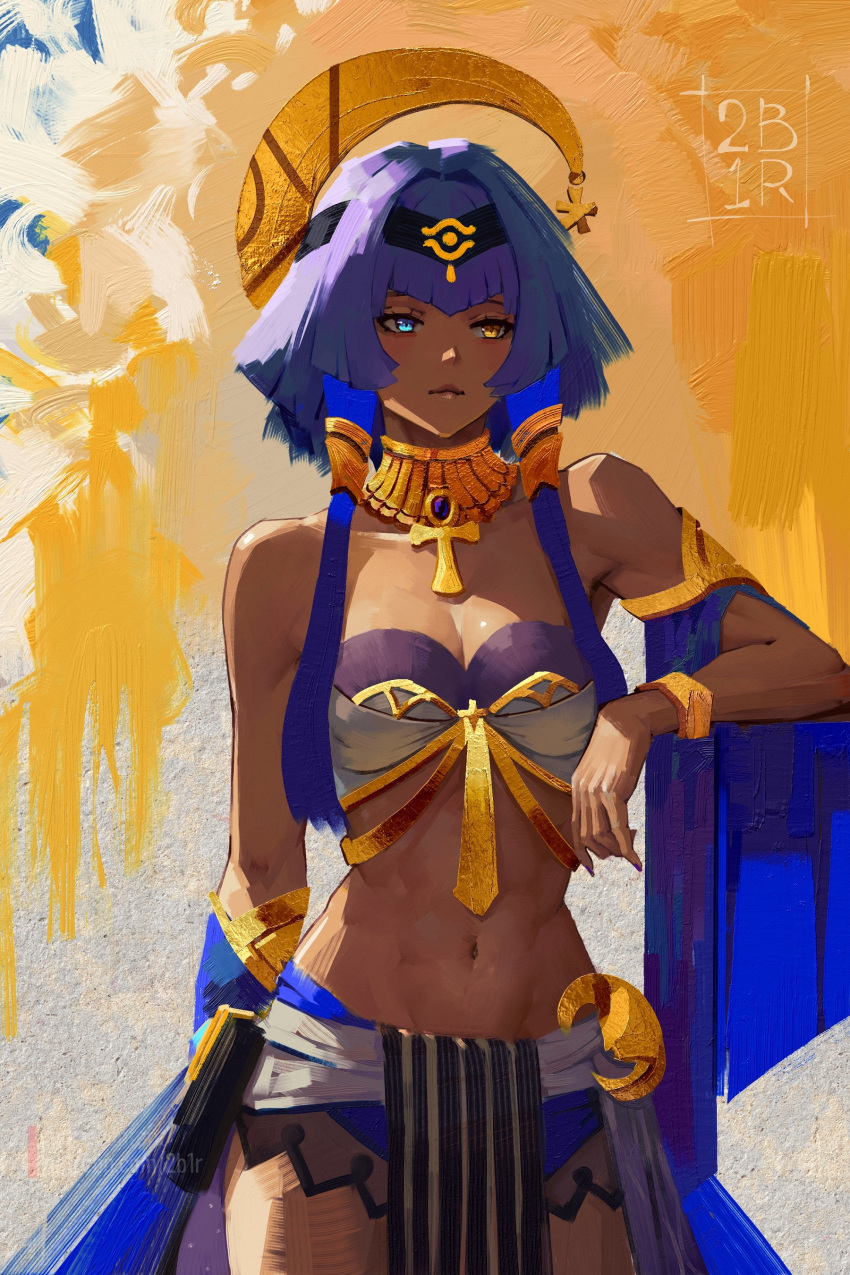 1girl absurdres ankh arm_up artist_name bare_shoulders blue_eyes blue_hair blush breasts candace_(genshin_impact) cleavage closed_mouth commentary dark-skinned_female dark_skin egyptian egyptian_clothes eye_of_horus faux_traditional_media genshin_impact gold_choker gold_trim hair_ornament hairband heterochromia highres impasto jewelry looking_at_viewer medium_breasts navel neck_ring painterly ravine_bells short_hair_with_long_locks sidelocks solo standing stomach yellow_eyes