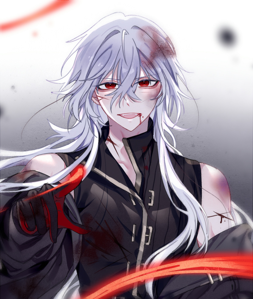 1boy a_date_with_death bare_shoulders bishounen black_gloves blood blood_on_clothes blood_on_face blood_stain casper_(a_date_with_death) coat gloves highres jacket long_hair male_focus open_mouth red_eyes sanfangzhu58831 simple_background sleeveless solo toned toned_male upper_body white_hair