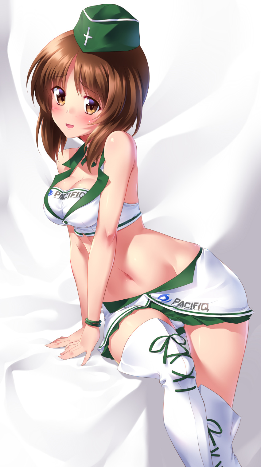 absurdres ass_visible_through_thighs bangs bare_arms bare_shoulders blush boots bracelet breasts brown_eyes brown_hair cameltoe cleavage collarbone crop_top cross-laced_footwear cross_print eyebrows_visible_through_hair feet_out_of_frame fingernails girls_und_panzer green_hat green_skirt groin hat highres jewelry kuzuryuu_kennosuke long_fingernails looking_at_viewer medium_breasts midriff miniskirt navel nishizumi_miho open_mouth panties pantyshot pantyshot_(sitting) race_queen short_hair sitting skirt sleeveless solo stomach thigh_boots thigh_gap thighhighs underwear white_footwear