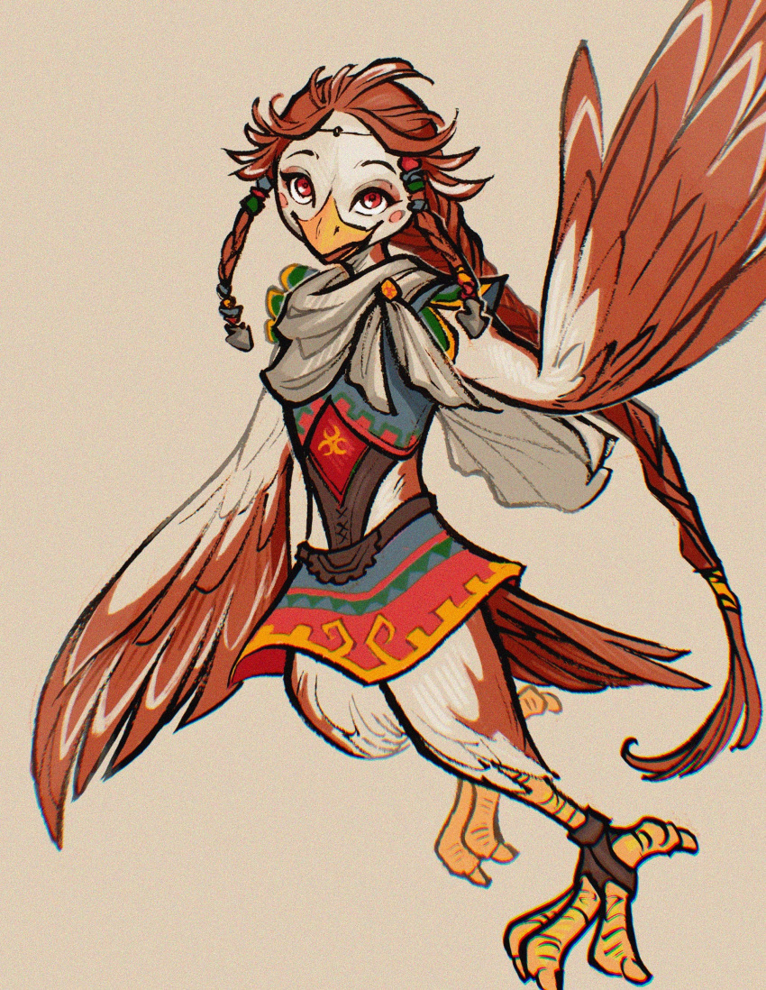 1girl absurdres bird_girl braid braided_sidelock dress emilye_draws feathered_wings full_body highres long_hair looking_at_viewer medli monster_girl red_eyes red_hair rito simple_background solo the_legend_of_zelda the_legend_of_zelda:_the_wind_waker wings