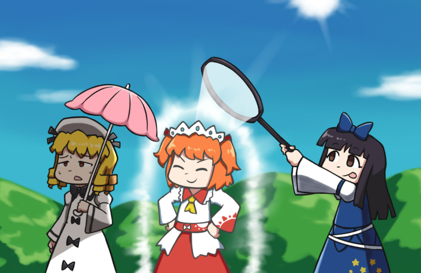 3girls black_hair blonde_hair blue_sky brown_eyes cloud commentary dress drill_hair edgycat hands_on_own_hips hat holding holding_magnifying_glass holding_umbrella hot luna_child magnifying_glass multiple_girls orange_hair parasol quad_drills red_skirt skirt skirt_set sky star_sapphire sun sunny_milk sweat tongue tongue_out touhou two_side_up umbrella white_dress wide_sleeves