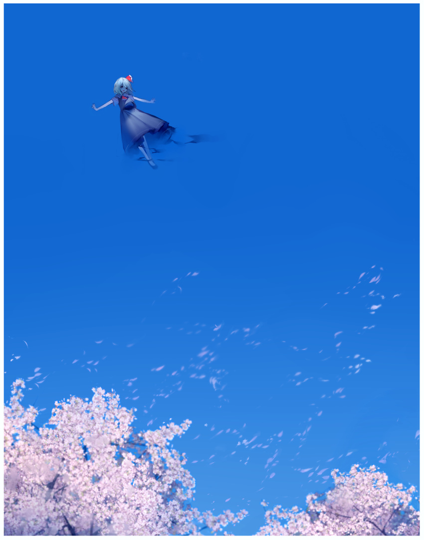 black_skirt blonde_hair blue_sky cherry_blossoms dress floating hair_ribbon highres long_skirt outstretched_arms petals red_ribbon ribbon rumia short_hair short_sleeves skirt skirt_set sky spread_arms touhou tree zhixie_jiaobu