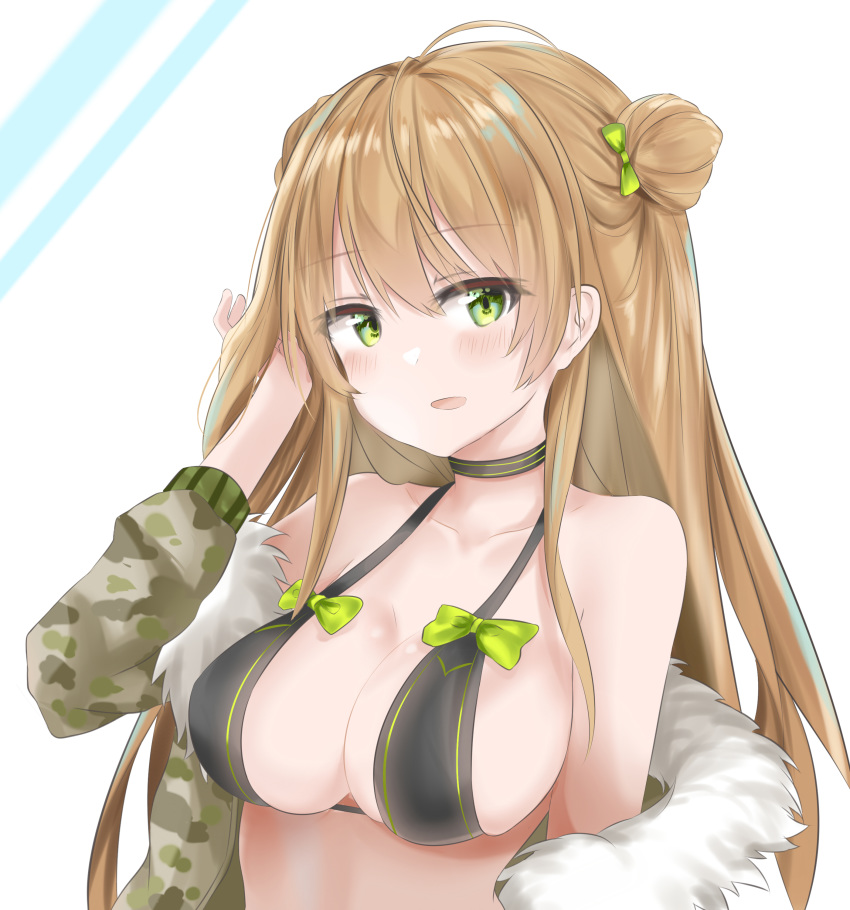 absurdres alternate_costume bangs bare_shoulders bikini blush bow breasts brown_hair camouflage_jacket chinese_commentary choker cleavage collarbone commentary_request double_bun eyebrows_visible_through_hair eyes_visible_through_hair fur-trimmed_jacket fur_trim girls_frontline green_eyes hair_between_eyes hair_bow hand_in_hair highres jacket long_hair looking_at_viewer off_shoulder open_clothes open_jacket open_mouth rfb_(girls_frontline) ru_zhai sidelocks simple_background skindentation smile solo swimsuit upper_body
