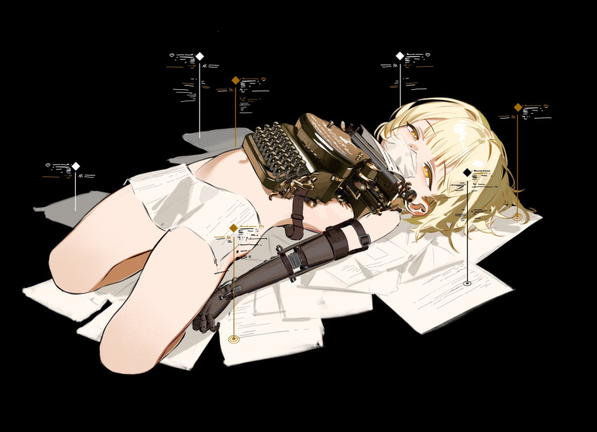 1girl black_background blonde_hair covered_mouth highres lying navel nude on_back original pages paper prosthesis prosthetic_arm ryuuforkaf short_hair simple_background sketch solo typewriter yellow_eyes