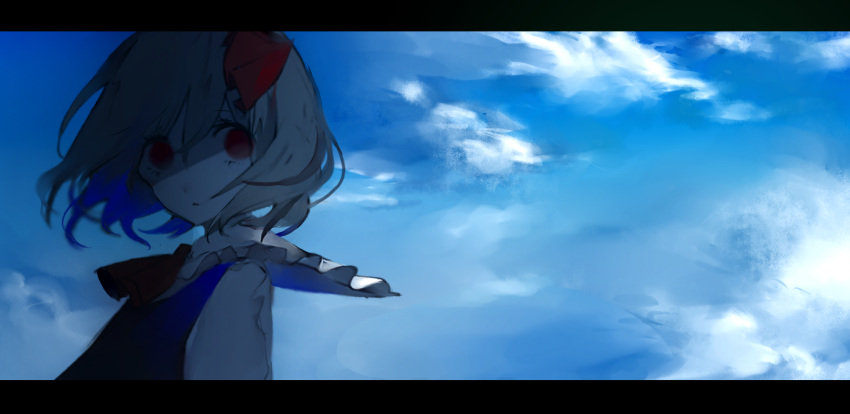 blonde_hair blue_sky cloud dark day floating_hair highres letterboxed red_eyes red_ribbon ribbon rumia short_hair sky solo touhou upper_body wind zhixie_jiaobu