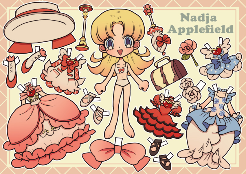 1girl apron arms_at_sides ashita_no_nadja barefoot black_footwear blonde_hair blue_dress blue_eyes bow bra brooch brown_bag character_name closed_umbrella commentary dress english_commentary flower frilled_apron frills full_body hat heart heart_brooch jewelry kisekae long_hair long_sleeves looking_at_viewer meremero nadja_applefield open_mouth panties parted_bangs pink_bow pink_dress pink_flower pink_rose porkpie_hat red_bow red_dress red_footwear rose smile socks solo standing umbrella underwear underwear_only white_bra white_flower white_footwear white_headwear white_panties white_rose white_socks