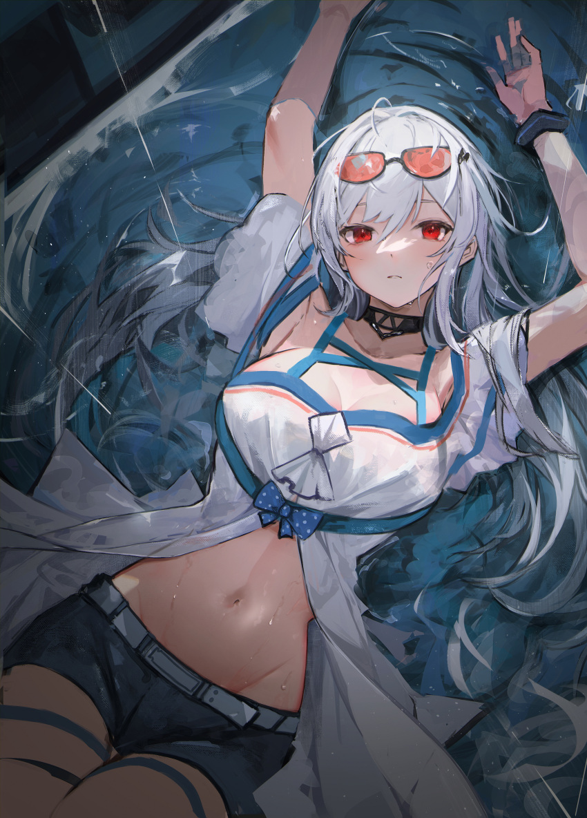 1girl absurdres arknights black_choker blue_shorts breasts choker cleavage commentary_request eyewear_on_head highres kisaragi_pana long_hair lying medium_breasts navel off-shoulder_shirt off_shoulder official_alternate_costume orange-tinted_eyewear parted_lips red_eyes shirt shorts skadi_(arknights) skadi_(waverider)_(arknights) solo sunglasses thigh_strap tinted_eyewear water white_hair white_shirt