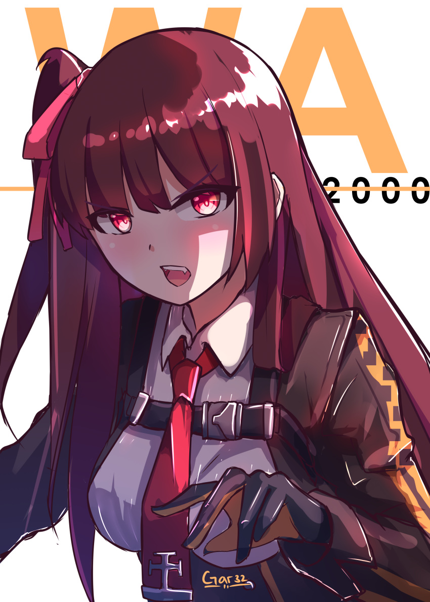 absurdres bangs blazer blush breasts buckle character_name collared_shirt commentary eyebrows_visible_through_hair fangs girls_frontline gloves hair_ribbon half_updo hands_up highres jacket large_breasts long_hair looking_at_viewer necktie one_side_up open_mouth purple_hair red_eyes red_neckwear ribbon shaded_face shirt signature simple_background solo strap tegar32 tsundere very_long_hair wa2000_(girls_frontline) white_background white_shirt