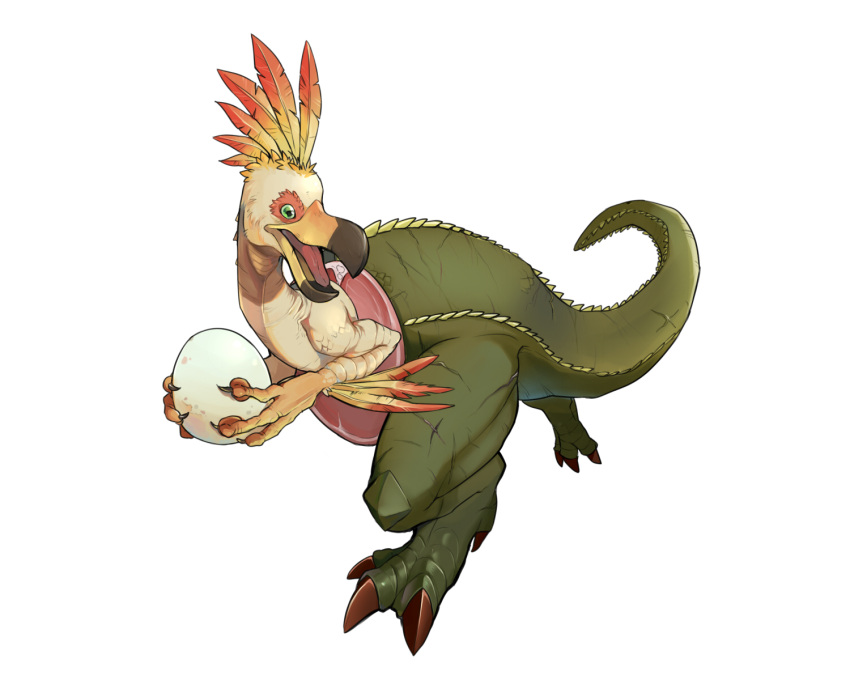 beak brown_claws claws colored_skin deviljho dracozolt egg feathers green_eyes green_skin highres holding holding_egg kulu-ya-ku lizard_tail looking_to_the_side monster_hunter_(series) multicolored_skin plume pokemon scales scar spikes tail tongue two-tone_skin white_background yellow_skin zhen_xionggui
