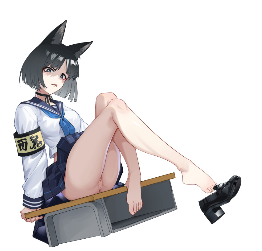 1girl animal_ears armband bare_legs barefoot black-little black_choker black_hair black_ribbon black_sailor_collar black_skirt blue_archive blue_halo blue_neckerchief breasts cat_ears choker halo highres kikyou_(blue_archive) long_sleeves looking_at_viewer lying medium_breasts navel neckerchief no_halo no_panties pussy ribbon ribbon_choker sailor_collar school_uniform serafuku shirt shoes short_hair single_shoe skirt solo white_shirt