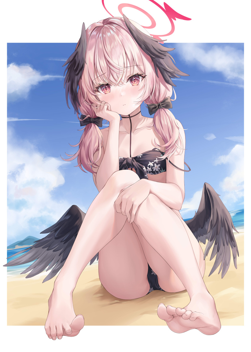 1girl absurdres bare_arms bare_legs bare_shoulders barefoot bikini black_bikini black_wings blue_archive blush breasts closed_mouth head_wings highres koharu_(blue_archive) koharu_(swimsuit)_(blue_archive) long_hair looking_at_viewer low_twintails official_alternate_costume pink_eyes pink_hair small_breasts solo swimsuit toes twintails wings zi_yue_liuli