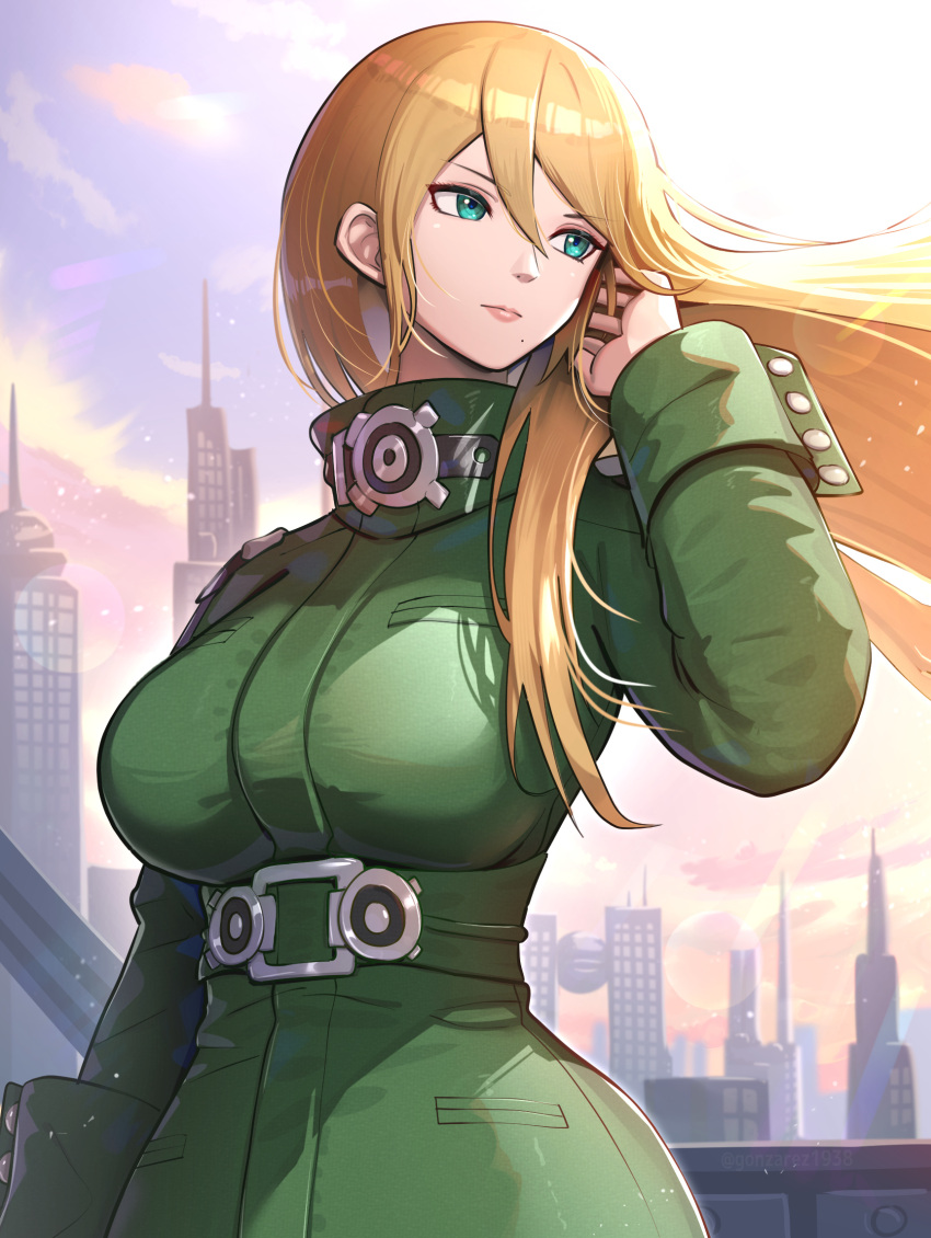1girl arm_at_side blonde_hair blue_eyes breasts building cityscape closed_mouth cloud cloudy_sky commentary_request cowboy_shot cuff_links cuffs dutch_angle floating_hair from_below gonzarez green_shirt hair_between_eyes hand_in_own_hair hand_up highres lips long_hair long_sleeves looking_to_the_side metroid military military_uniform mole mole_under_mouth official_alternate_costume revision samus_aran shirt sky skyline skyscraper smile solo standing sunrise sunset uniform