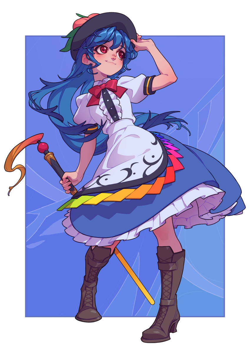 1girl :3 black_headwear blue_hair blush bow food from_below fruit fruit_hat_ornament hand_on_headwear hat highres hinanawi_tenshi leaf long_hair peach peach_hat_ornament puffy_short_sleeves puffy_sleeves rainbow_order red_eyes shirt short_sleeves skirt smile soemy solo sword_of_hisou touhou very_long_hair white_shirt