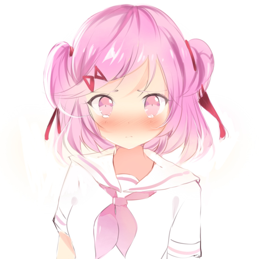 ayadrevismad blush commentary doki_doki_literature_club english_commentary hair_ornament hair_ribbon hairclip highres looking_at_viewer natsuki_(doki_doki_literature_club) nose_blush pink_eyes pink_hair red_ribbon ribbon school_uniform serafuku short_hair simple_background solo tears two_side_up upper_body white_background white_serafuku
