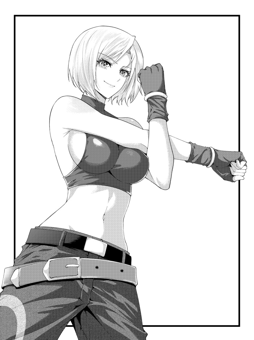 1girl absurdres bare_shoulders belt black872233196 blue_mary breasts clenched_hands closed_mouth commentary_request denim fatal_fury fingerless_gloves fingernails gloves greyscale highres jeans lips looking_at_viewer loose_belt medium_breasts monochrome multiple_belts navel pants short_hair simple_background sleeveless smile stomach stretching tank_top the_king_of_fighters the_king_of_fighters_'97 white_background