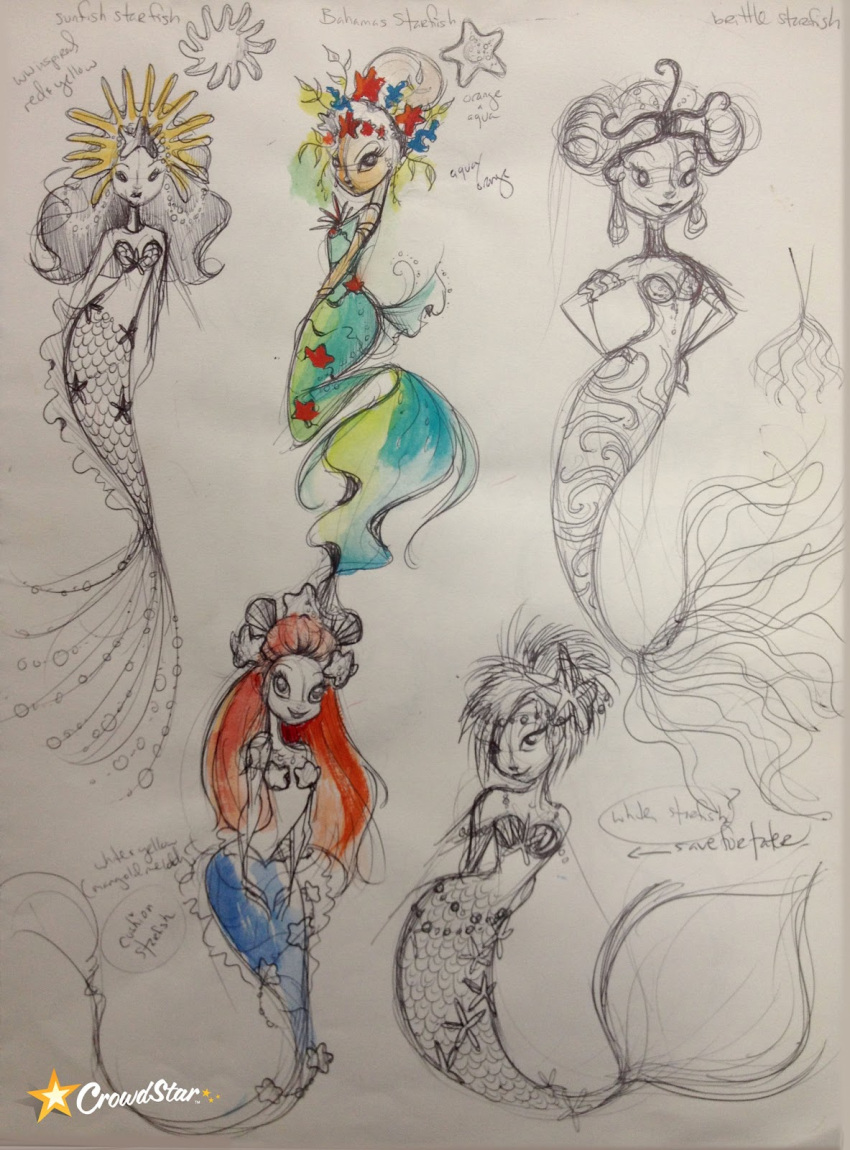 asterozoan concept_art detailed detailed_scales echinoderm female fin group hair hi_res humanoid liana_hee long_hair marine merfolk mermaid_world official_art scales seashell seashell_bra shell sketch split_form starfish starfish_(accessory) tail tail_fin traditional_media_(artwork)