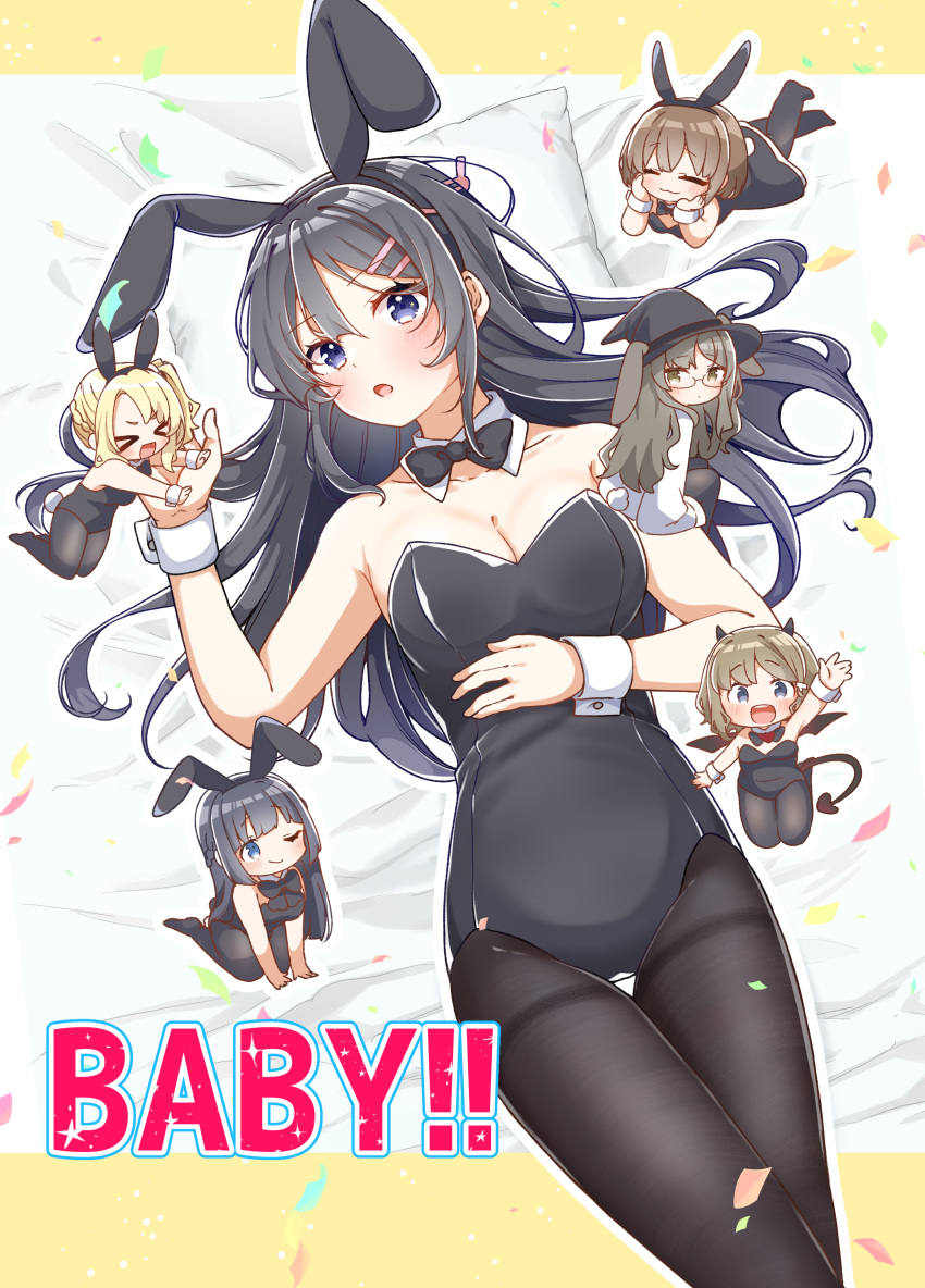 &gt;_&lt; 6+girls :d :o ;) absurdres animal_ears azusagawa_kaede bare_shoulders bed_sheet black_bow black_bowtie black_dress black_hair black_hairband black_headwear black_leotard black_pantyhose black_wings blonde_hair blue_eyes blush bow bowtie breasts brown_eyes brown_hair chibi closed_eyes collar collarbone commentary_request confetti demon_girl demon_horns demon_tail demon_wings detached_collar dress fake_animal_ears futaba_rio glasses hair_between_eyes hair_ornament hairband hairclip hat highres horns jako_(jakoo21) koga_tomoe lab_coat leotard long_hair lying makinohara_shouko medium_breasts mini_person minigirl multiple_girls on_back on_stomach one_eye_closed outline pantyhose pillow playboy_bunny rabbit_ears rabbit_tail sakurajima_mai seishun_buta_yarou side_ponytail smile strapless strapless_leotard tail thigh_gap thighband_pantyhose toyohama_nodoka very_long_hair white_collar white_outline wings witch_hat wrist_cuffs xd