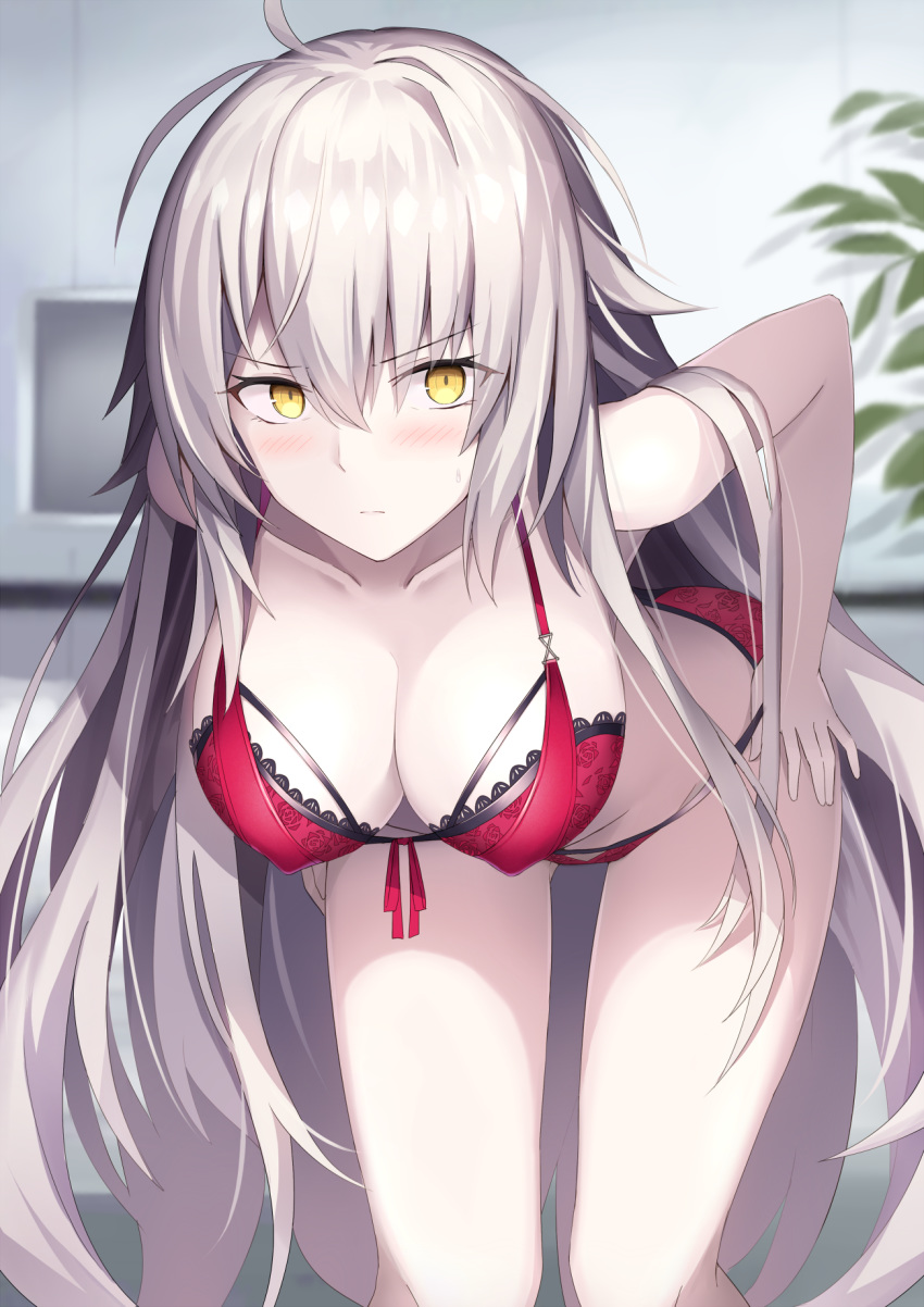ahoge bad_revision bangs bare_shoulders blush bra breasts cleavage closed_mouth collarbone commentary_request downscaled_revision fate/grand_order fate_(series) hair_between_eyes hanging_breasts highres hips jeanne_d'arc_(alter)_(fate) jeanne_d'arc_(fate)_(all) large_breasts leaning_forward long_hair looking_at_viewer md5_mismatch pale_skin panties red_bra red_panties rin_yuu silver_hair solo thighs underwear very_long_hair yellow_eyes