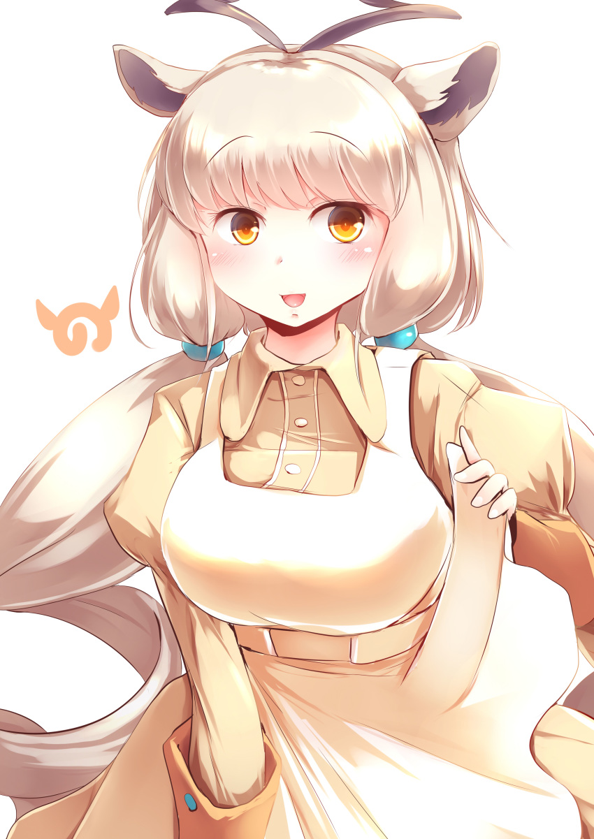 :d absurdres animal_ears blonde_hair blush dress drill_hair eyebrows_visible_through_hair goat_ears highres horns japari_symbol juliet_sleeves kanzakietc kemono_friends long_hair long_sleeves looking_at_viewer low_twintails markhor_(kemono_friends) open_mouth orange_eyes puffy_sleeves skirt_hold smile solo twintails yellow_dress